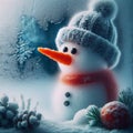 24 12. A snowman standing outside the froen glass, its carrot n